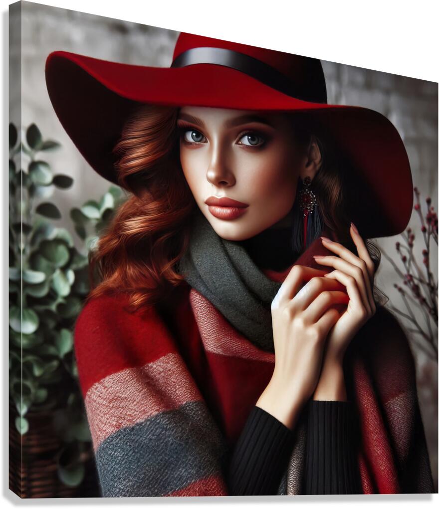 53 Elegant Woman in Red Hat and Scarf Canvas Print