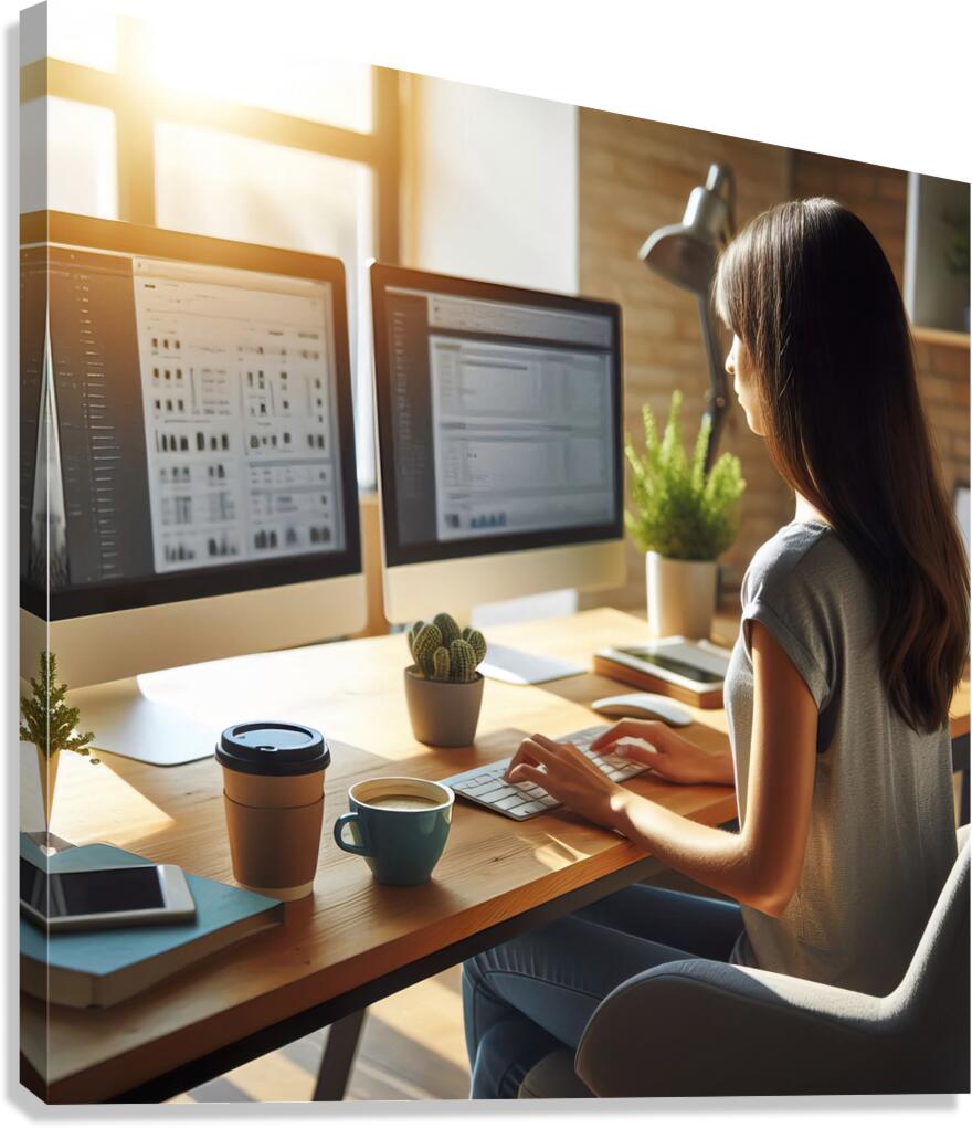 87 Woman working with her back at a desk with two 1718050788.6058 Canvas Print