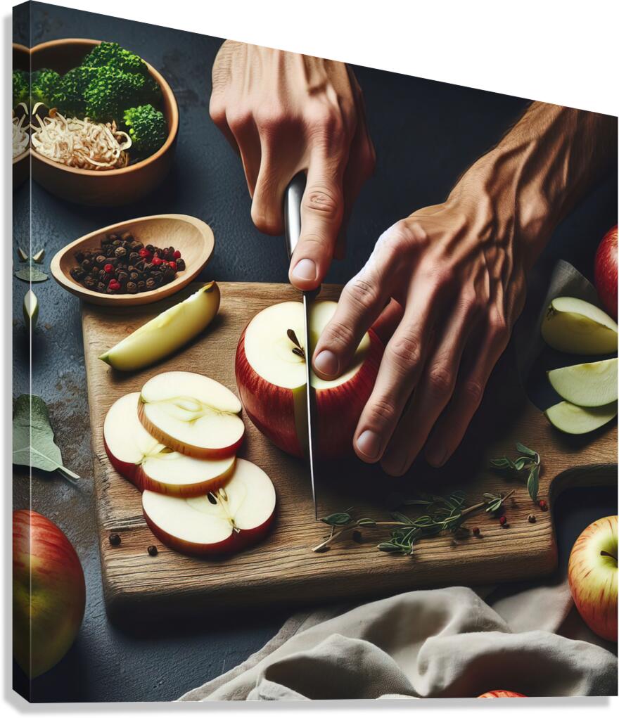145 Cropped picture of hands cutting apple on cut Canvas Print