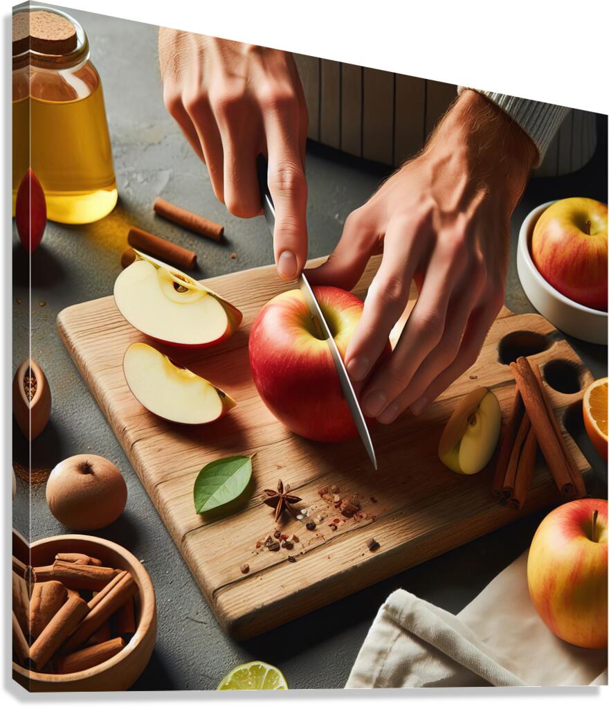 142 Cropped picture of hands cutting apple on cut Canvas Print
