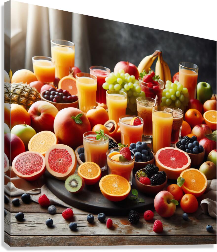 100 A table covered with glasses of juice and ass Canvas Print