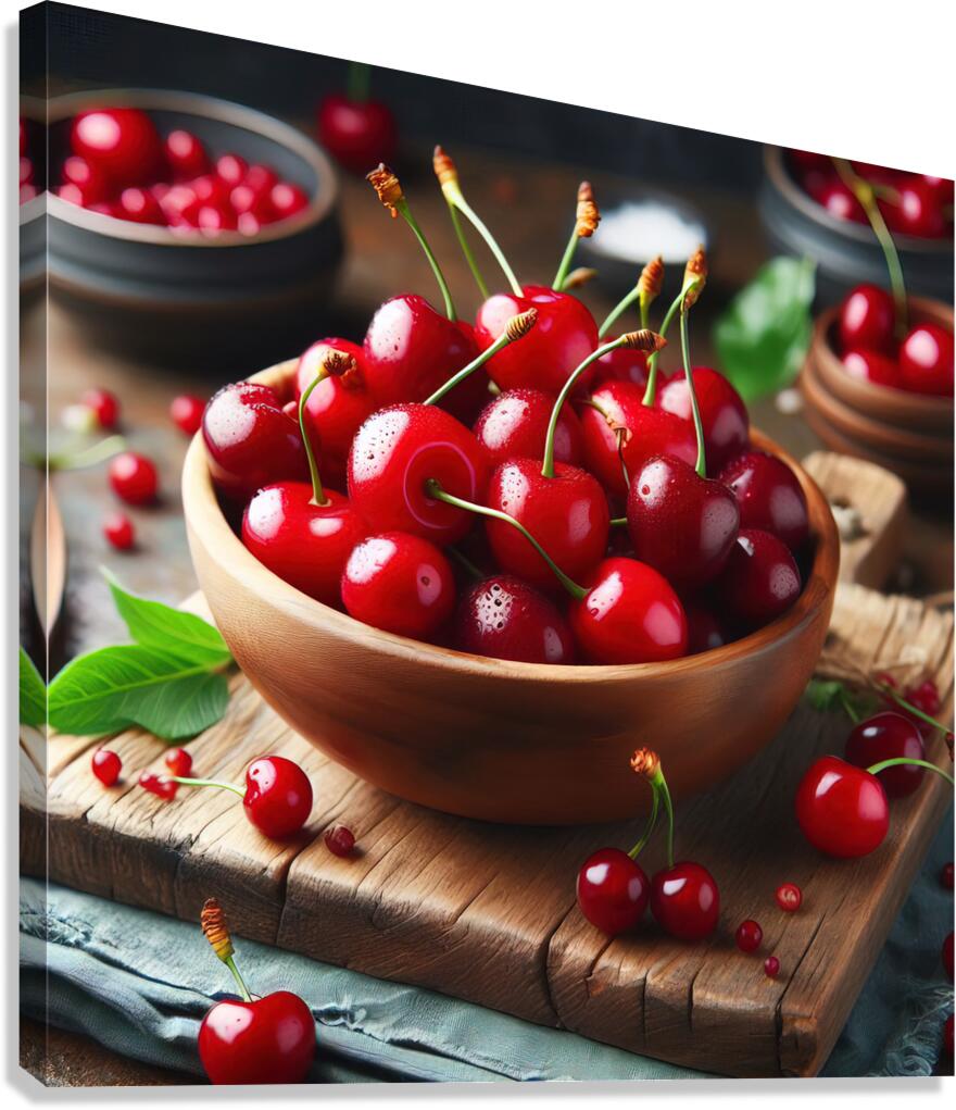 160 Red cherries on wooden board Canvas Print