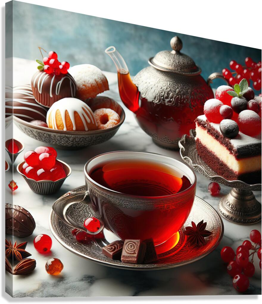 269 Two cups of red tea with cakes and sweets on Canvas Print