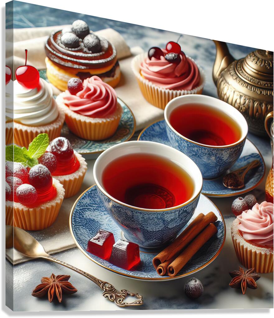 268 Two cups of red tea with cakes and sweets on Canvas Print