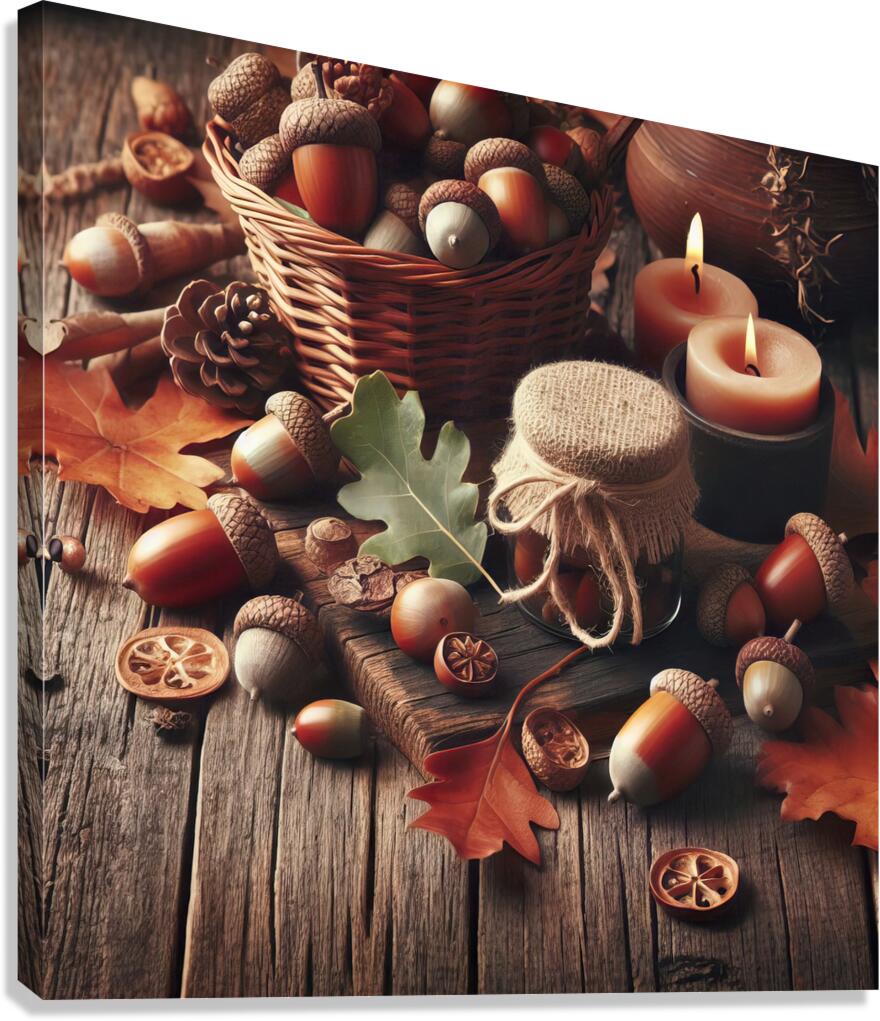 300 acorns and leaves on wooden table with copy s Canvas Print