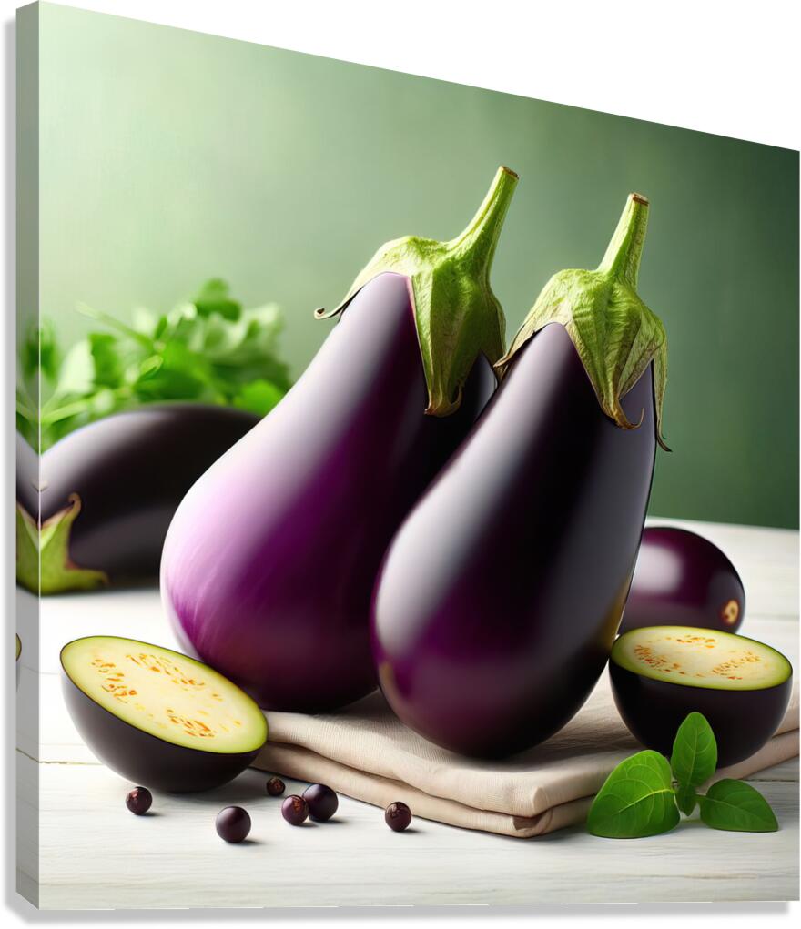 266 Two fresh eggplants on a white table and gree Canvas Print
