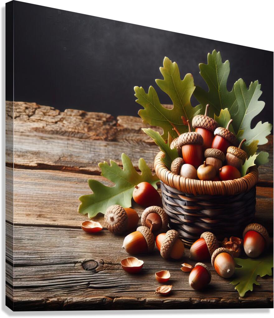 301 acorns and leaves on wooden table with copy s Canvas Print
