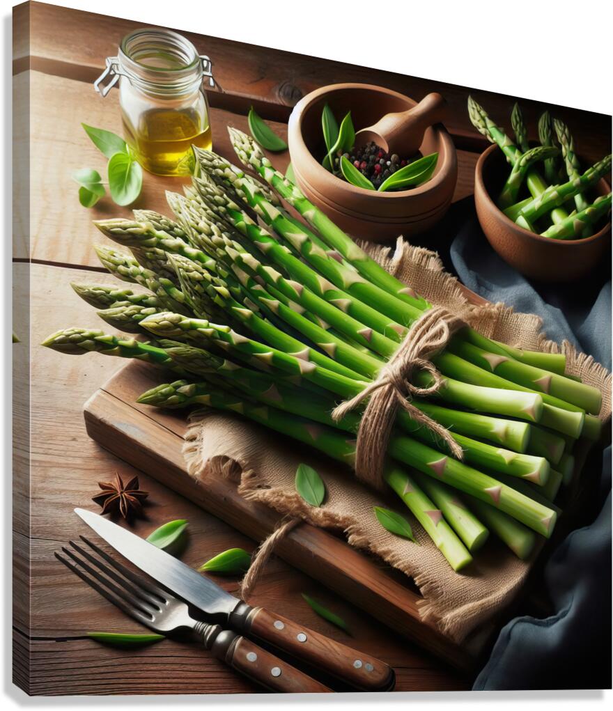 311 fresh thin green asparagus on a wooden table. Canvas Print