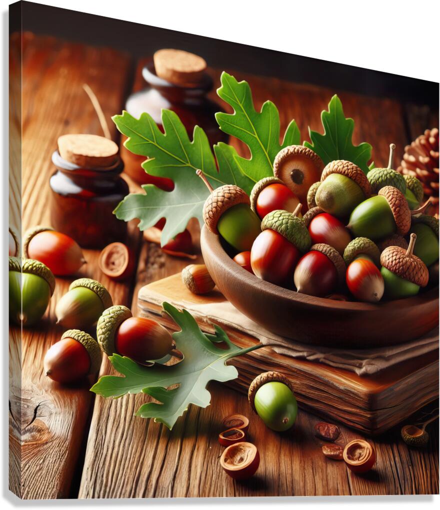 302 acorns and leaves on wooden table with copy s Canvas Print