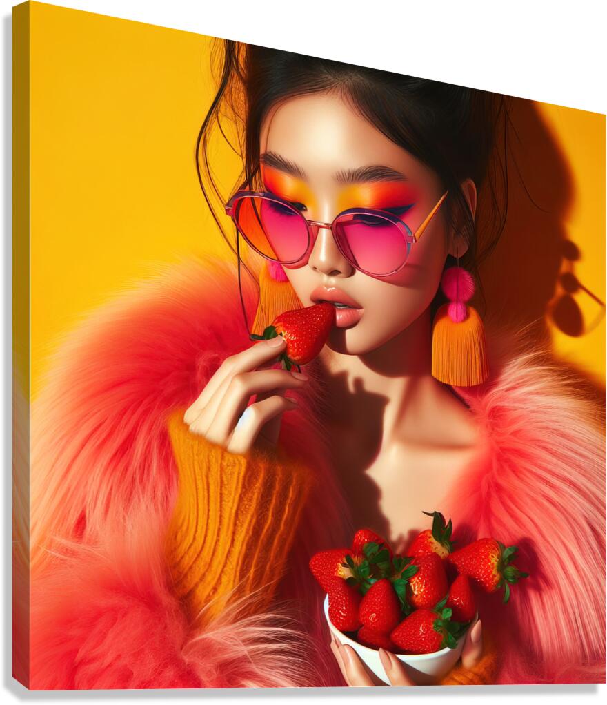 330 Young model in a vibrant colored suit eating Canvas Print