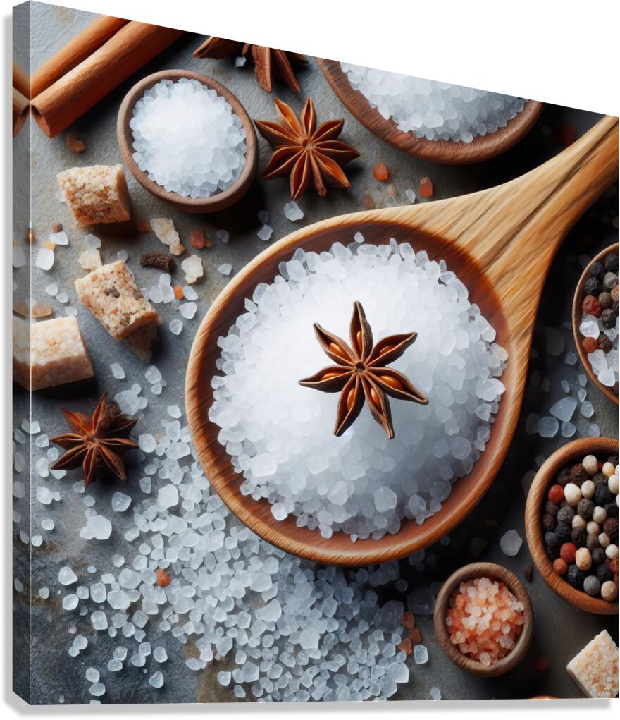 320 Sea ​​salt in wooden spoon top view Canvas Print