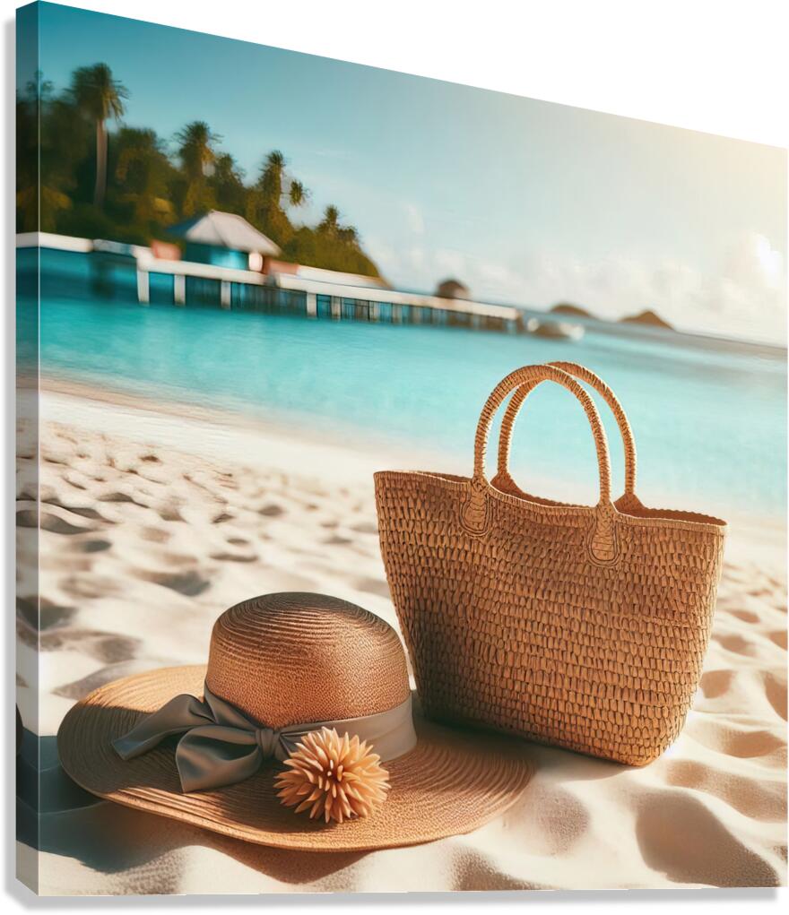 353 Bag with straw hat on the white sand on the t Canvas Print