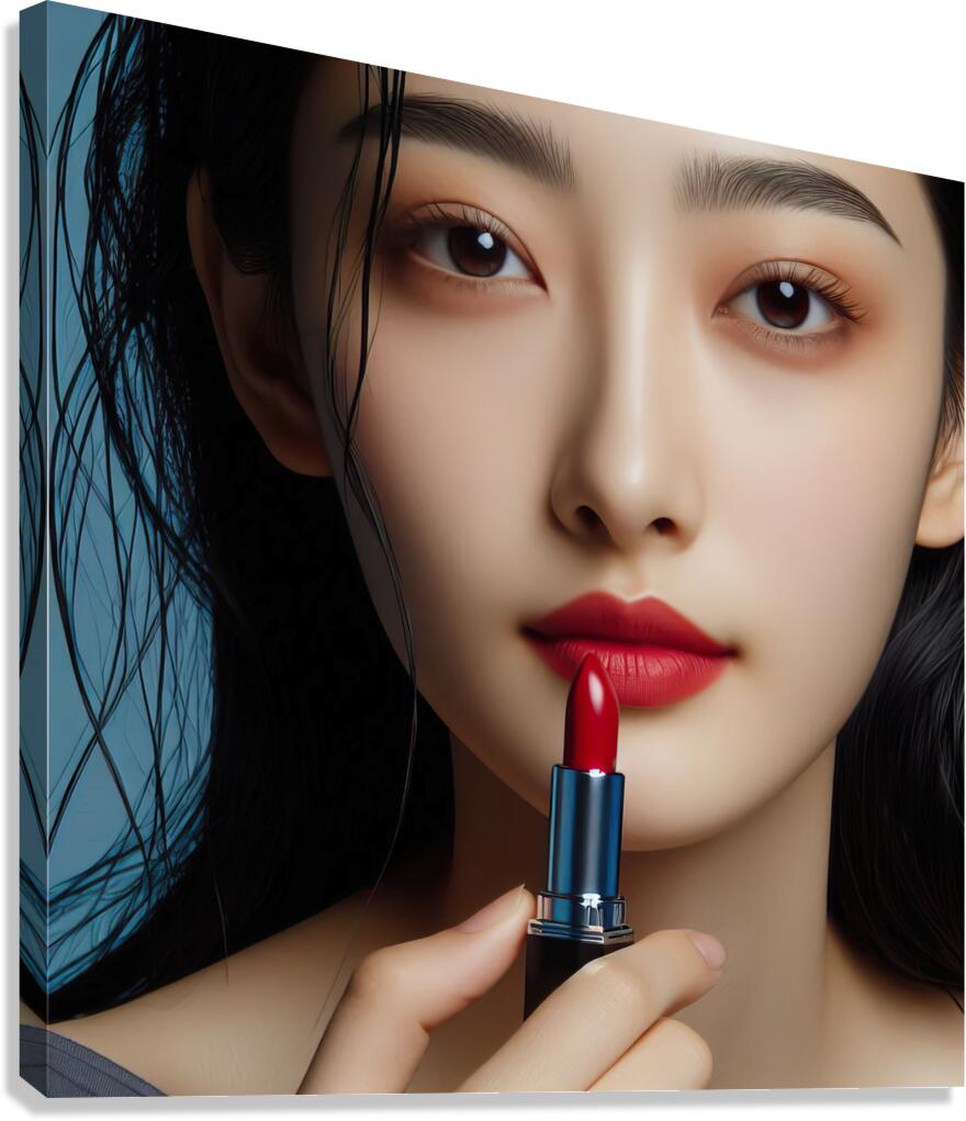386 Women s red lipstick on blue background femin Canvas Print