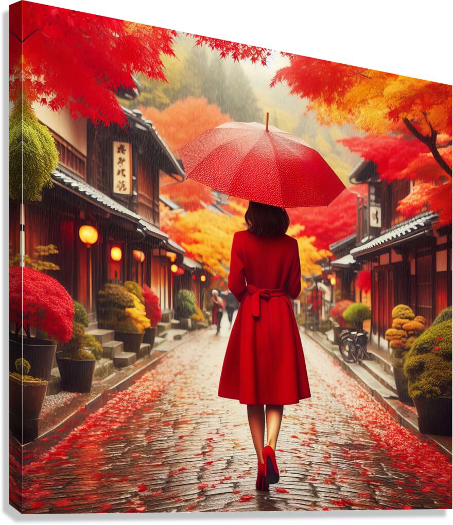378 Woman in Red Coat with Red Umbrella from behi Canvas Print