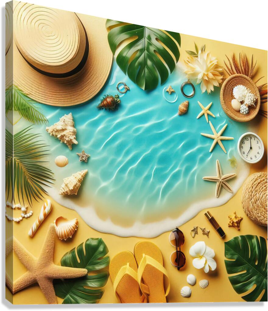 410 Yellow sand and blue sea water with summer ac Canvas Print