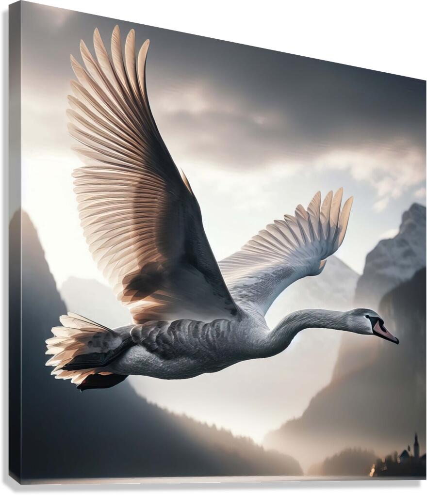 424 A grey swan Flying Through the Air With Its W Canvas Print