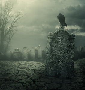 Halloween night. Tombstone with crow.