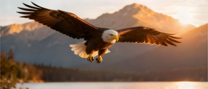 Bald Eagle Soaring Over Mountain Lake at Sunrise