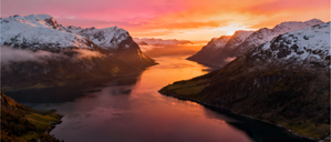 Fjord Fire — Sunrise Between Snow Capped Peaks by MotivatePrints