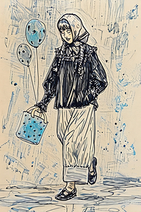 ArtXcl 048 woman walk balloons drawing