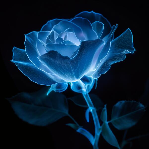 Blue Bioluminescent Rose Black Background Print
