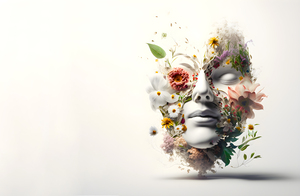 Concept of spring and wellness in health.Natural and organic makeup and cosmetics.Womans face decorated with flowers and ornamental with foliage on white background.Ai generated.