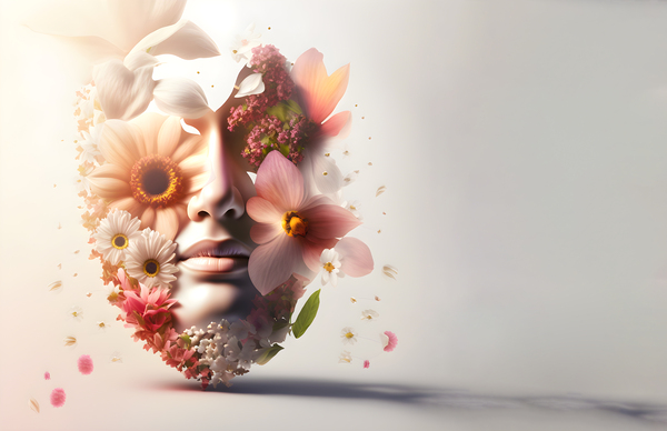 Concept of spring and wellness in health.Natural and organic makeup and cosmetics.Womans face decorated with flowers and ornamental with foliage on white background.Ai generated. by Carlos Castilla