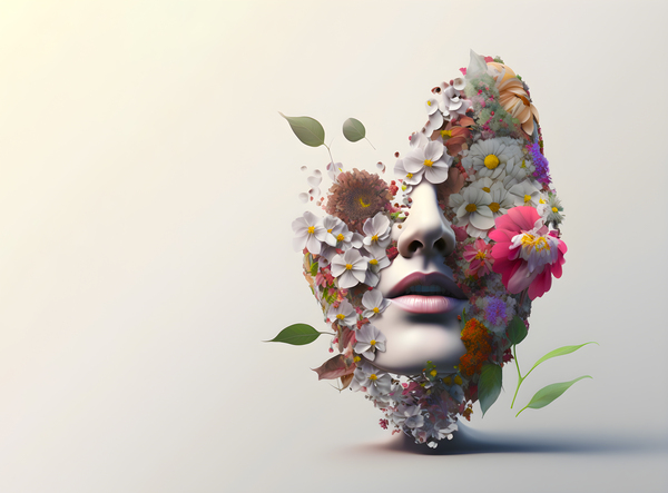 Concept of spring and wellness in health.Natural and organic makeup and cosmetics.Womans face decorated with flowers and ornamental with foliage on white background.Ai generated. by Carlos Castilla