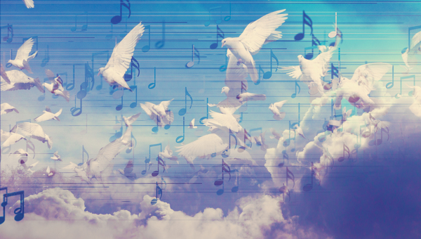 Music background design.Musical writing.Abstract background of doves flying in sky.Musical notes and musical signs of abstract music sheet.Songs and melody concept. by Carlos Castilla