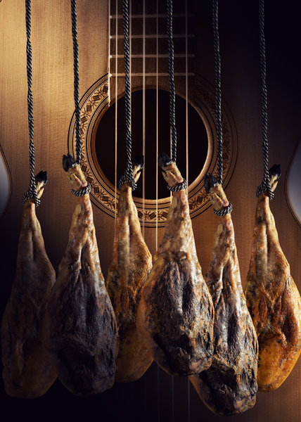 Dry Spanish ham Jamon Serrano Bellota Italian Prosciutto Crudo or Parma ham.Slicing Spanish iberic ham. Design Spanish jamon and spanish guitar traditional food and culture. by Carlos Castilla