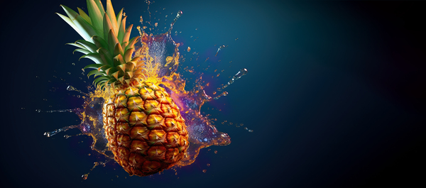 Healthy food and drink concept.Art design with cut pineapple. Juice explosion and water splash. Ai generated. by Carlos Castilla