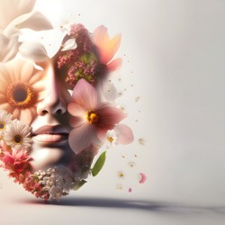 Concept of spring and wellness in health.Natural and organic makeup and cosmetics.Womans face decorated with flowers and ornamental with foliage on white background.Ai generated.