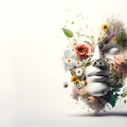 Concept of spring and wellness in health.Natural and organic makeup and cosmetics.Womans face decorated with flowers and ornamental with foliage on white background.Ai generated.