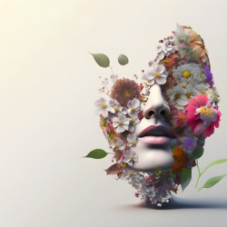 Concept of spring and wellness in health.Natural and organic makeup and cosmetics.Womans face decorated with flowers and ornamental with foliage on white background.Ai generated.