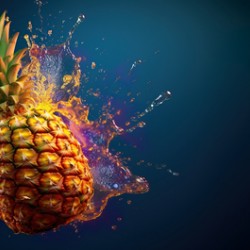 Healthy food and drink concept.Art design with cut pineapple. Juice explosion and water splash. Ai generated.