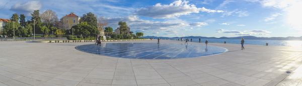 Panorama of a famous attraction Greetings to the sun installation in Zadar Croatia by Jurica Tomic Svarun