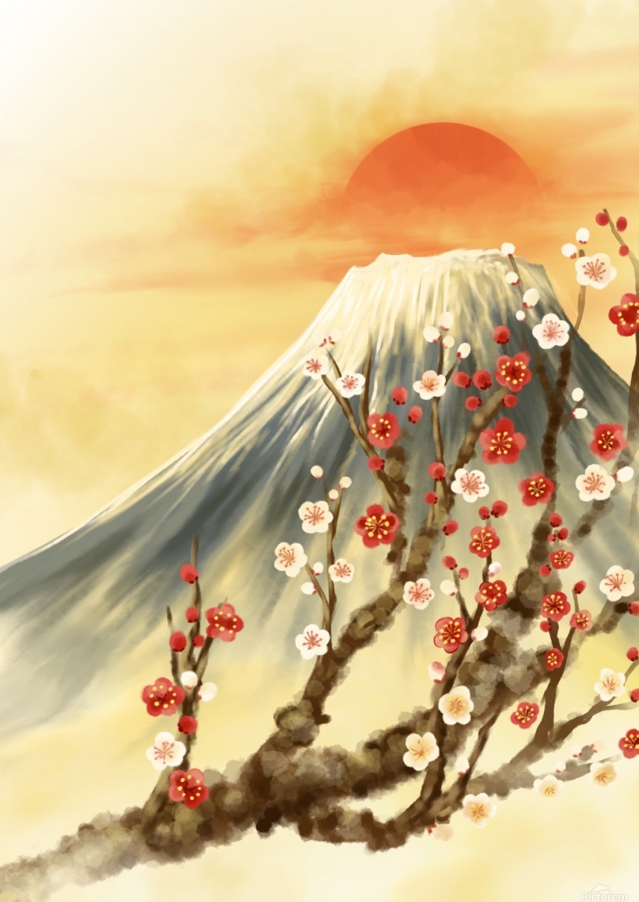 絵画 Mountain glow Painting of a colorful mountain landscape with a stream