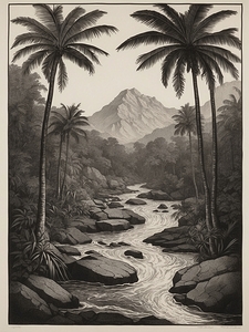 Vintage Tropical River Landscape – Monochrome Engraving Art