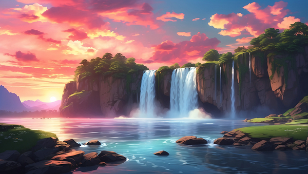Majestic Anime-Style Waterfall Sunset – A Dreamlike Cloud Aesthetic Print