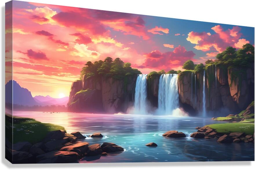 Majestic Anime-Style Waterfall Sunset – A Dreamlike Cloud Aesthetic Canvas Print