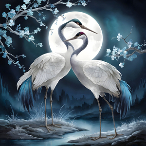 Sunset Dance  Cranes Under the Moonlight