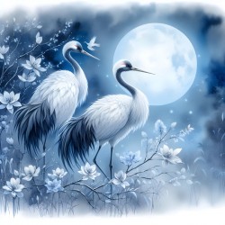 Natures Beauty  White Cranes and Night Blossoms