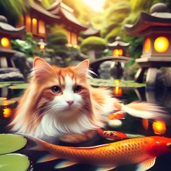Golden-Eyed Cat by the Koi Pond