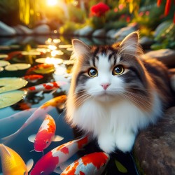 Cat and Koi Contemplation A Moment of Harmony