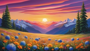Sunrise Bliss: A Vibrant Mountain Landscape with Wildflowers