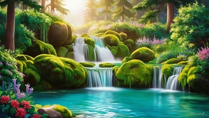 Serene Waterfall Paradise: Vibrant Nature Landscape Wall Art