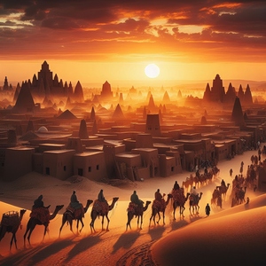 Sunrise over Timbuktu as a camel caravan passes through the town - View  3