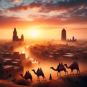Sunrise over Timbuktu as a camel caravan passes through the town - View  4