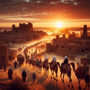 Sunrise over Timbuktu as a camel caravan passes through the town - View  2