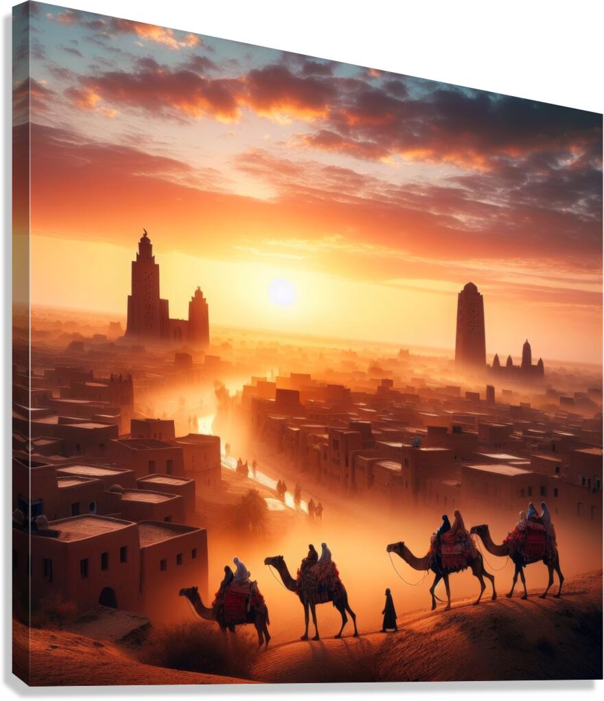 Sunrise over Timbuktu as a camel caravan passes through the town - View  4 Canvas Print